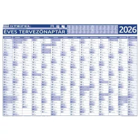 Éves tervező és projekt naptár, kétoldalas, fémléces, kék színű filctollal, 70x100 cm, 2026 évi, STIEFEL