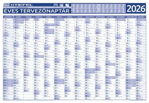 Éves tervező és projekt naptár, kétoldalas, fémléces, kék színű filctollal, 70x100 cm, 2026 évi, STIEFEL