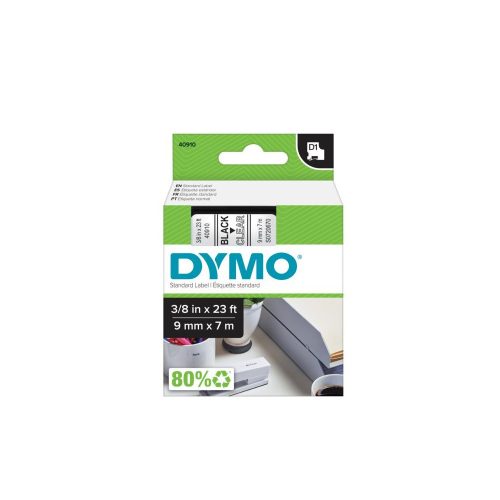 Feliratozógép szalag Dymo D1 S0720670/40910 9mmx7m, ORIGINAL, fekete/víztiszta