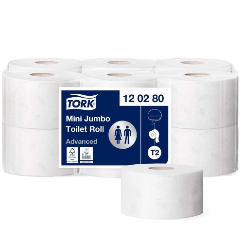 Toalettpapír 2 rétegű közületi átmérő: 19 cm fehér 12 tekercs/csomag Mini Jumbo Tork_120280