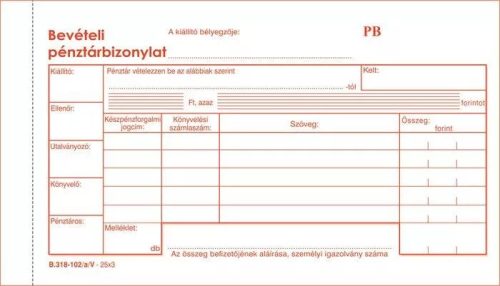 Bevételi pénztárbizonylat – 25 lap, 3 példány nyomtatvány