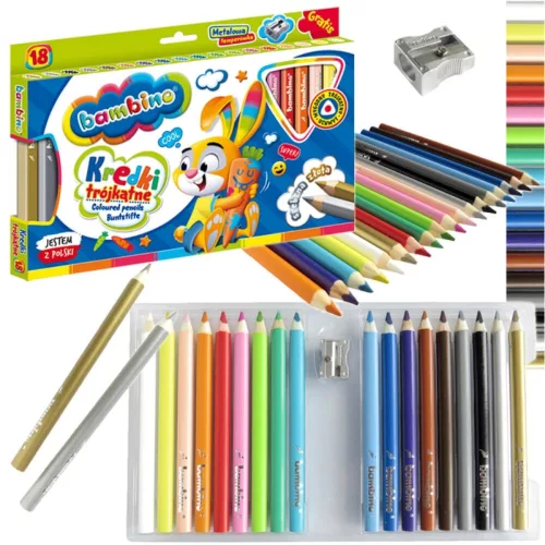 18 db háromszögletű színes ceruza és hegyező, Bambino